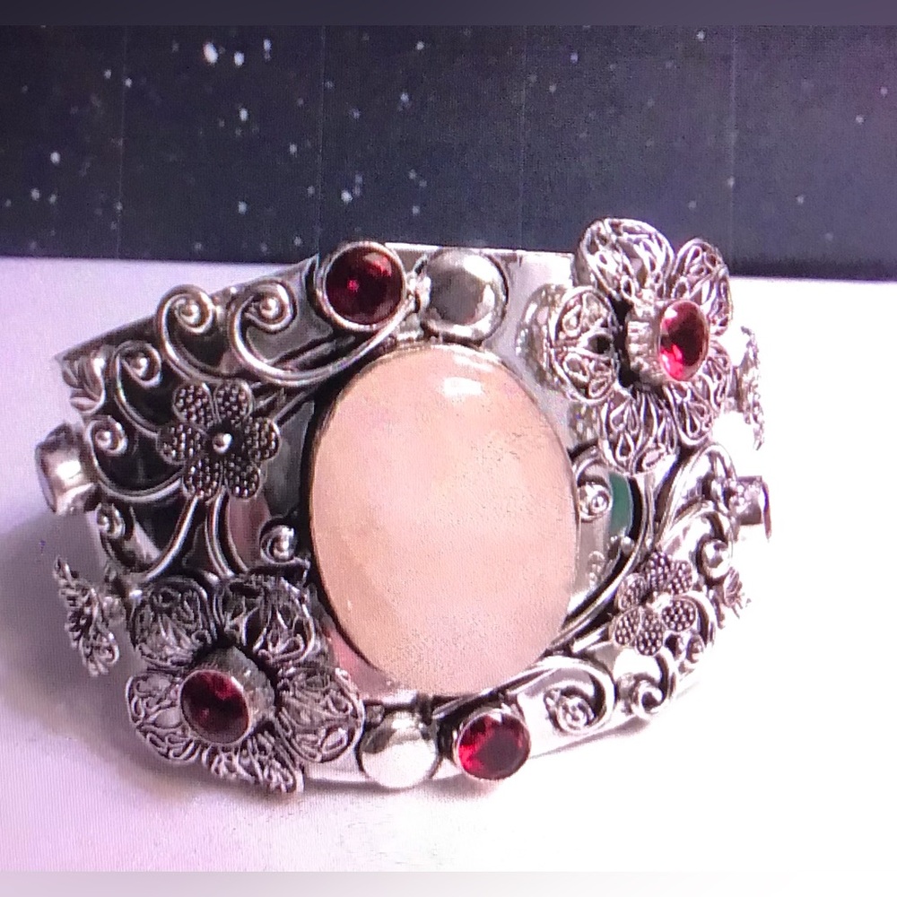 Rose Quartz Garnet 925 Sterling Silver Cuff Bracelet